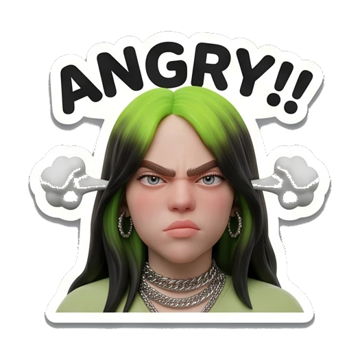 Billie character angry with steam from ears and ANGRY!! text, furious Billie Eilish 3D Expressions sticker for expressive chats and social replies.