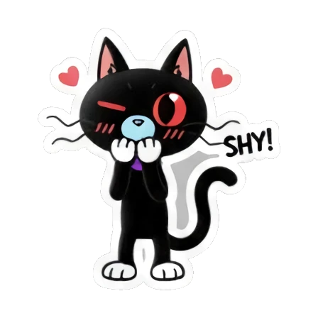 Shy black cat blushing with heart icons and shy text. Cool Black Cat Daily sticker for expressive chats and social replies.