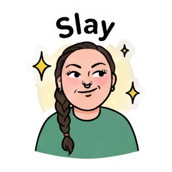 Girl looking confident and stylish, text Slay. Daily Vibe Girl sticker for expressive chats and social replies.
