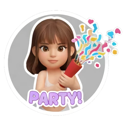 Girl holding a party popper with Party text Cute 3D Girl Daily Life sticker for expressive chats and social replies.