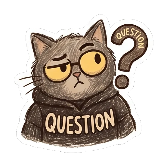 Cat looking skeptical with a question mark and text QUESTION. Furry Doodle Cat Daily sticker for expressive chats and social replies.