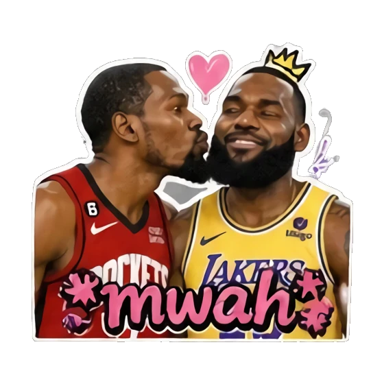 One player kissing the other on the cheek, affectionate, text MWAH. Basketball Legends Duo sticker for expressive chats and social replies.