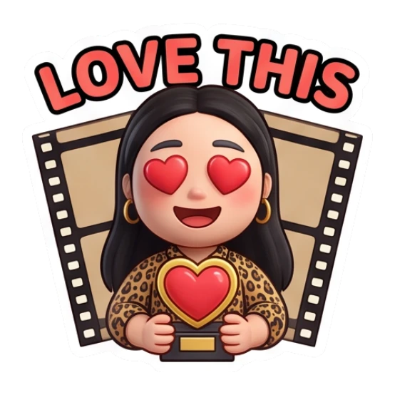 Girl with heart eyes, holding heart trophy, film strip, text Love This Cinema Diva Daily Life sticker for expressive chats and social replies.