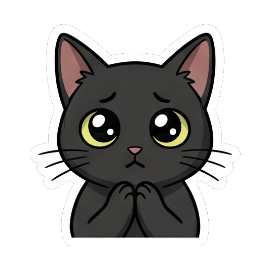Black cat looking worried or pleading with wide, watery eyes. Little Black Cat Expressions sticker for expressive chats and social replies.