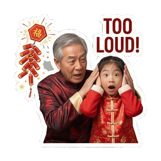Covering ears from noise Grandpa and Granddaughter CNY Moments sticker for expressive chats and social replies.
