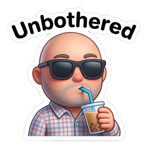 Bald man drinking bubble tea with sunglasses on. Bald Guy Daily Vibes sticker for expressive chats and social replies.