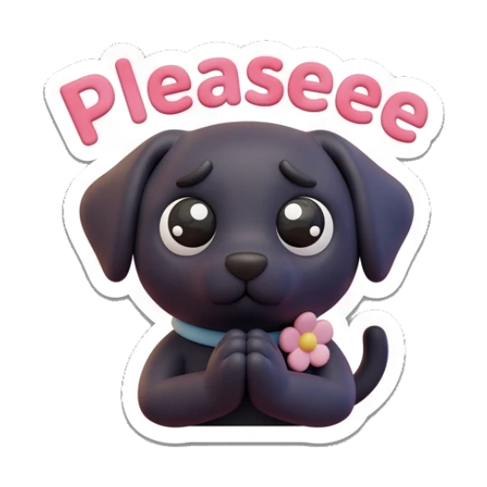 Pleading black cat with puppy eyes, text Pleaseee. Playful Black Cat Daily sticker for expressive chats and social replies.