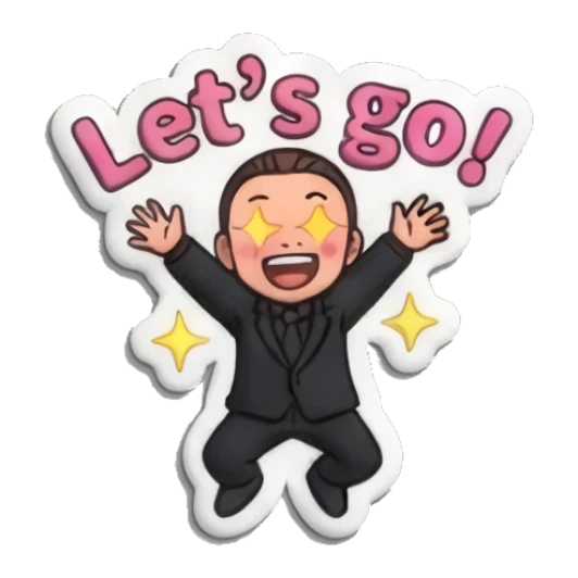Excited man jumping with joy and 'Let's go!' text Professional Suit Guy sticker for expressive chats and social replies.