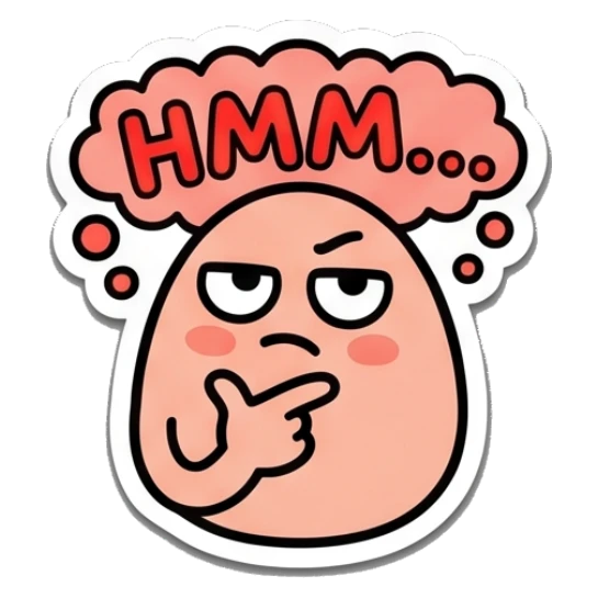 Thoughtful egg character with hand on chin and text HMM. Egg-cellent Moods sticker for expressive chats and social replies.