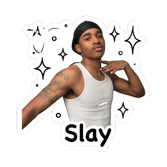 Young man posing confidently with sparkles and text Slay. Daily Vibes of a Durag Guy sticker for expressive chats and social replies.