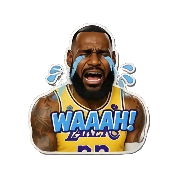 LeBron crying loudly with tears and text WAAAH! LeBron Court Vibes sticker for expressive chats and social replies.