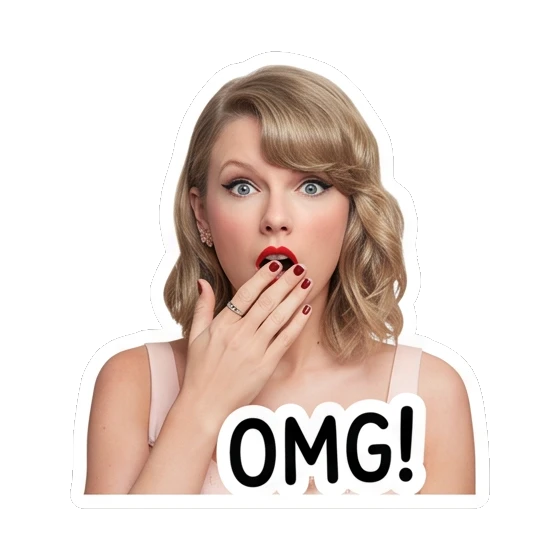 Taylor Swift looking shocked, hand over mouth, text OMG! Taylor Swift Iconic Expressions sticker for expressive chats and social replies.
