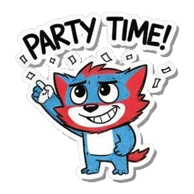 Gamer cat celebrating with confetti and text PARTY TIME Gamer Cat Adventures sticker for expressive chats and social replies.
