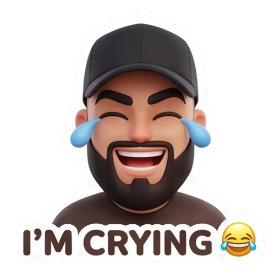 Man with beard laughing and crying, text I'M CRYING Modern Couple Daily Vibes sticker for expressive chats and social replies.