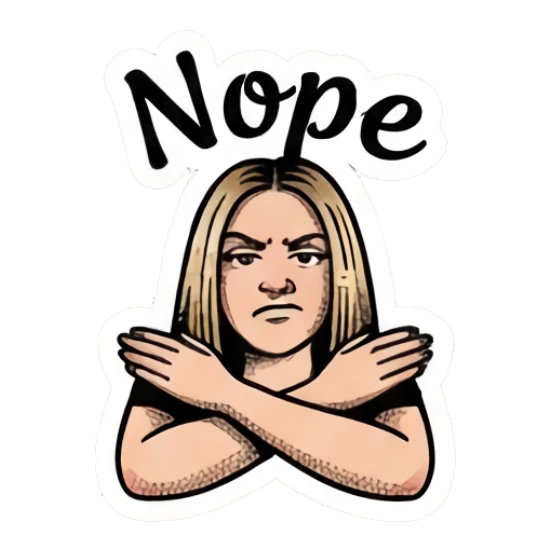 Blonde girl crossing arms in refusal with text 'Nope' Vintage Blonde Expressionist sticker for expressive chats and social replies.