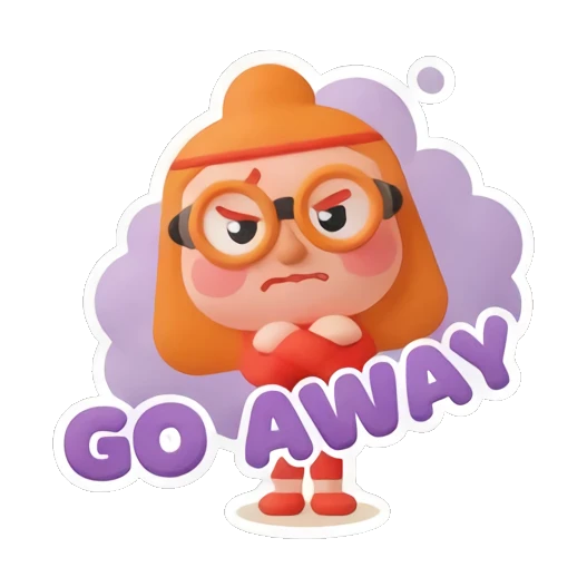 Annoyed ginger girl with arms crossed and text GO AWAY Cheerful Ginger Girl Adventures sticker for expressive chats and social replies.
