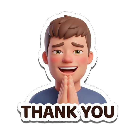 Boy with hands together in gratitude and THANK YOU text Cheerful 3D Boy Daily Expressions sticker for expressive chats and social replies.