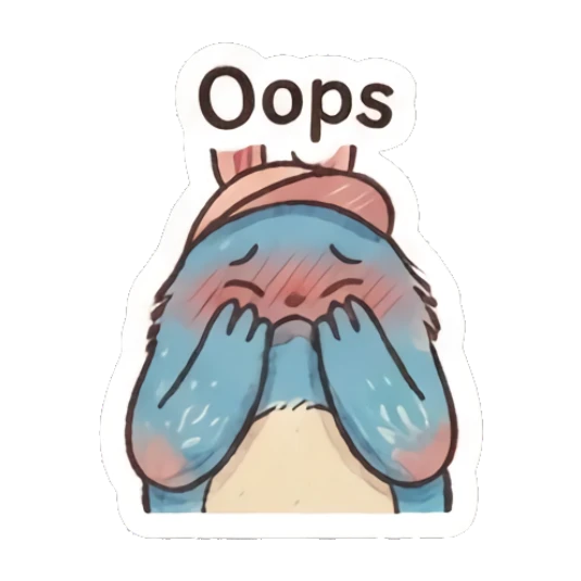 Blue bunny covering face in embarrassment with text Oops Furry Blue Bunny Buddy sticker for expressive chats and social replies.