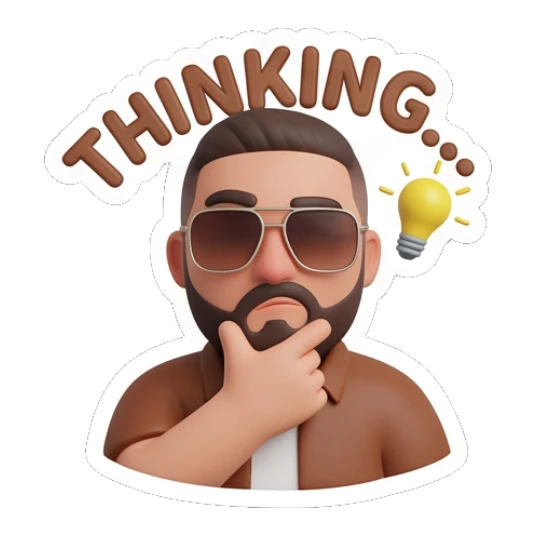 Thinking bearded man with sunglasses and a lightbulb icon, THINKING Bearded Buddy Daily Vibes sticker for expressive chats and social replies.
