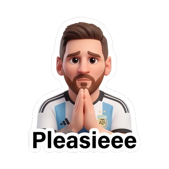 Messi pressing palms together in a pleading gesture Messi Moods sticker for expressive chats and social replies.