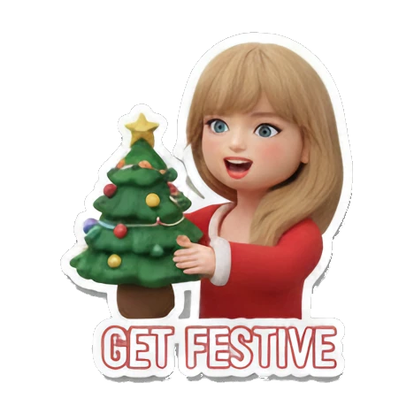 Blonde girl holding a small Christmas tree, text GET FESTIVE Festive Blonde Holiday Vibes sticker for expressive chats and social replies.
