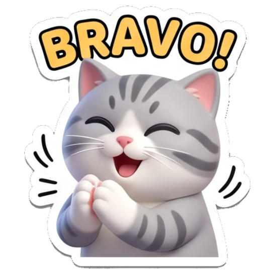 Excited tabby cat clapping hands with text BRAVO! Cheerful Tabby Cat Daily sticker for expressive chats and social replies.