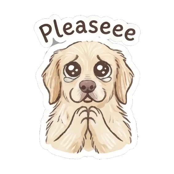 Pleading golden retriever with teary eyes, text Pleaseee Golden Doodle Daily Vibes sticker for expressive chats and social replies.