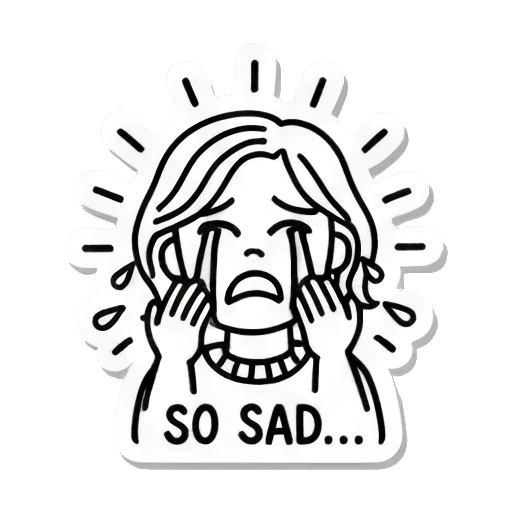 哭泣女孩，文字SO SAD Line Art Emotion Stickers sticker for expressive chats and social replies.