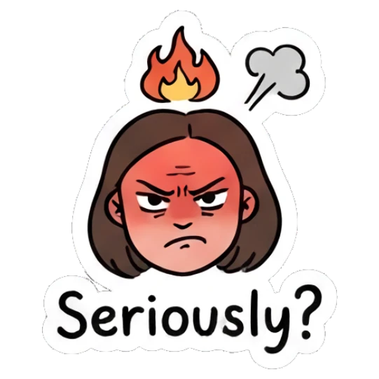 Girl with glasses looking angry with fire above head, frustrated expression. Daily Life of a Girl sticker for expressive chats and social replies.