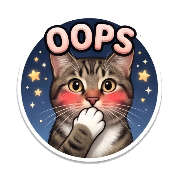 Tabby cat looking shy and blushing, text says OOPS. Cosmic Tabby Adventures sticker for expressive chats and social replies.