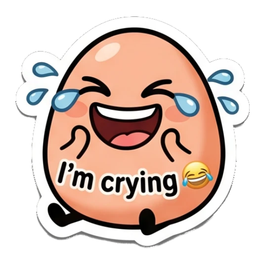 Happy laughing egg with tears of joy and text I'm crying Little Egg Emotions sticker for expressive chats and social replies.