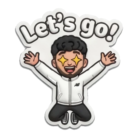 Excited man with arms raised and 'Let's go!' text Curly Hair Guy Daily Vibes sticker for expressive chats and social replies.