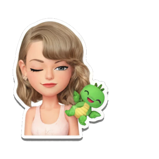 Blonde girl winking with a green dragon, SUS text. Taylor Style 3D Adventures sticker for expressive chats and social replies.