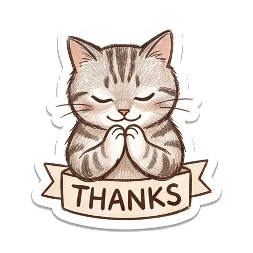 Cat praying with thanks text Cozy Tabby Doodle Life sticker for expressive chats and social replies.