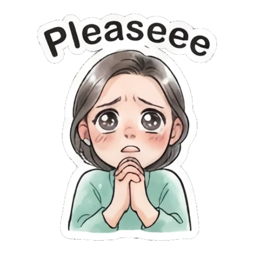 Woman pleading with teary eyes and text Pleaseee Modern Gentle Lady Expressions sticker for expressive chats and social replies.