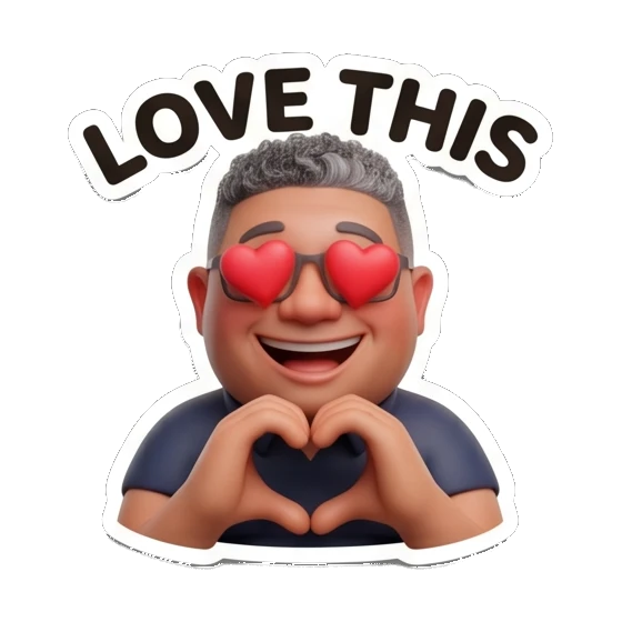 Man with glasses making a heart shape with hands with text LOVE THIS Office Guy Expressions sticker for expressive chats and social replies.