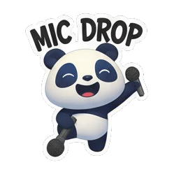Panda holding a microphone and dropping it with MIC DROP text Rocking Panda Band sticker for expressive chats and social replies.