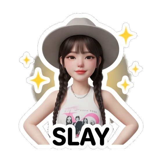 Girl with hat looking confident, text SLAY Chic Hat Girl Expressions sticker for expressive chats and social replies.