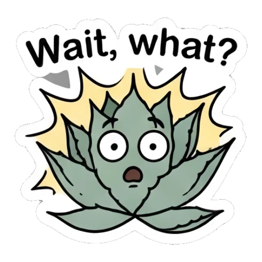 Surprised aloe plant with a Wait what caption. Cheerful Aloe Adventures sticker for expressive chats and social replies.