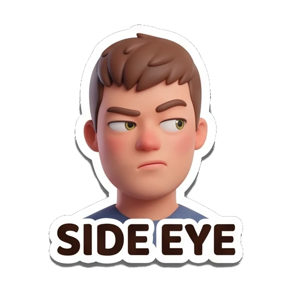 Boy looking sideways with suspicious expression and SIDE EYE text Cheerful 3D Boy Daily Expressions sticker for expressive chats and social replies.