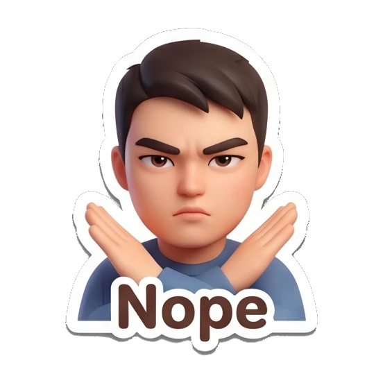 Boy crossing arms to signal refusal with text Nope. Cheerful 3D Boy Expressions sticker for expressive chats and social replies.