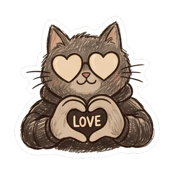 Cat making a heart shape with paws and text LOVE. Furry Doodle Cat Daily sticker for expressive chats and social replies.