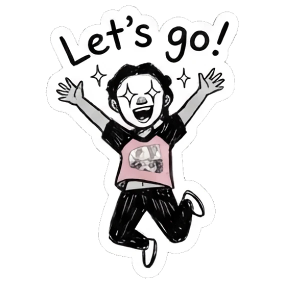 Girl jumping with excitement, energetic expression, text 'Let's go!' Doodle Girl Expressions sticker for expressive chats and social replies.