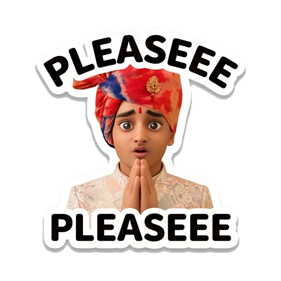 Young Indian boy praying with hands together in a please expression. Indian Prince Expressions sticker for expressive chats and social replies.