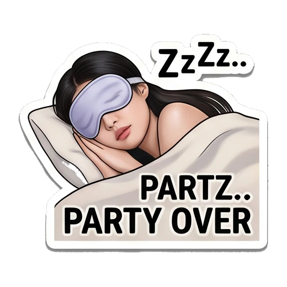 Young woman sleeping with eye mask, text PARTZ PARTY OVER Jennie Birthday Party Vibes sticker for expressive chats and social replies.