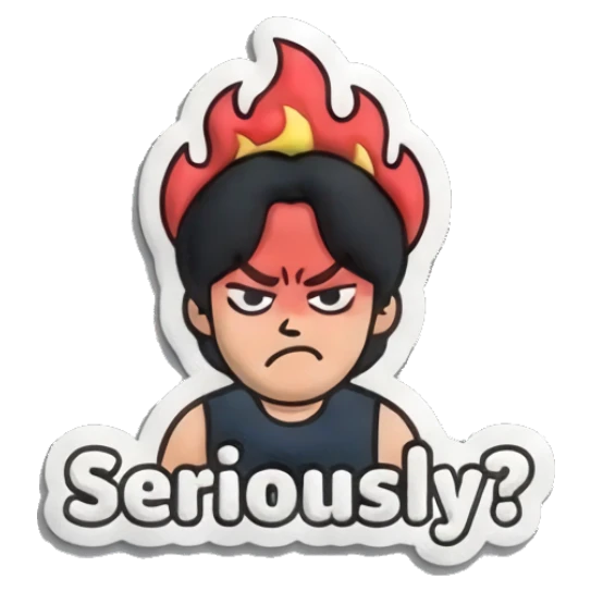 Boy with flaming hair looking angry and text Seriously Puffy Boy Daily Vibes sticker for expressive chats and social replies.
