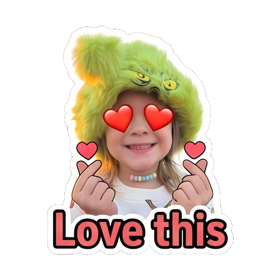 Child in green hat making heart fingers with text Love this Grinchy Kid Moods sticker for expressive chats and social replies.