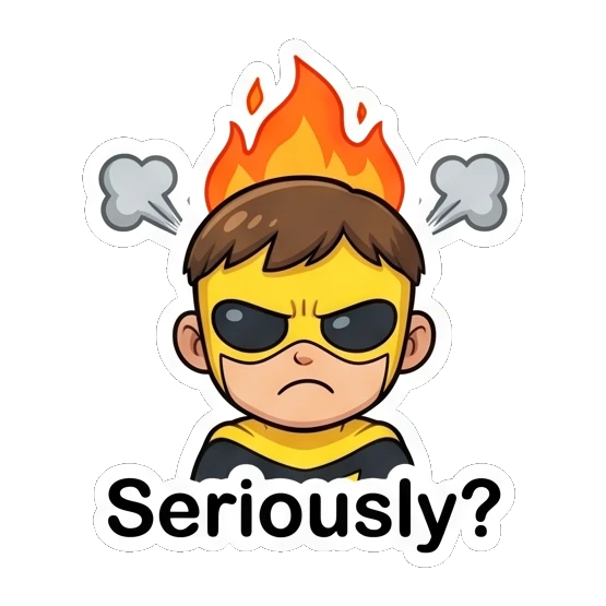 Superhero boy looking angry with flames rising from his head. Yellow Hero Adventures sticker for expressive chats and social replies.