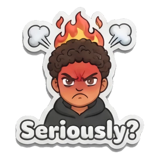 Curly-haired boy looking furious with fire above his head. Curly Hair Boy Daily Vibes sticker for expressive chats and social replies.