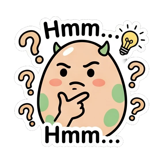 Pensive egg with a finger on chin and lightbulb saying Hmm. Little Spotted Egg Emotions sticker for expressive chats and social replies.